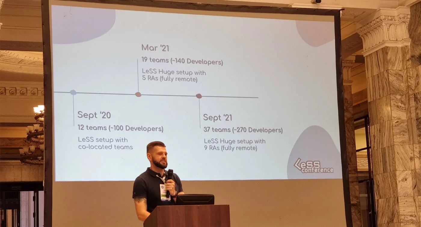 Denis na LeSS Conference pokazuje, jak organizacja urosła z 12 do 37 zespołów
